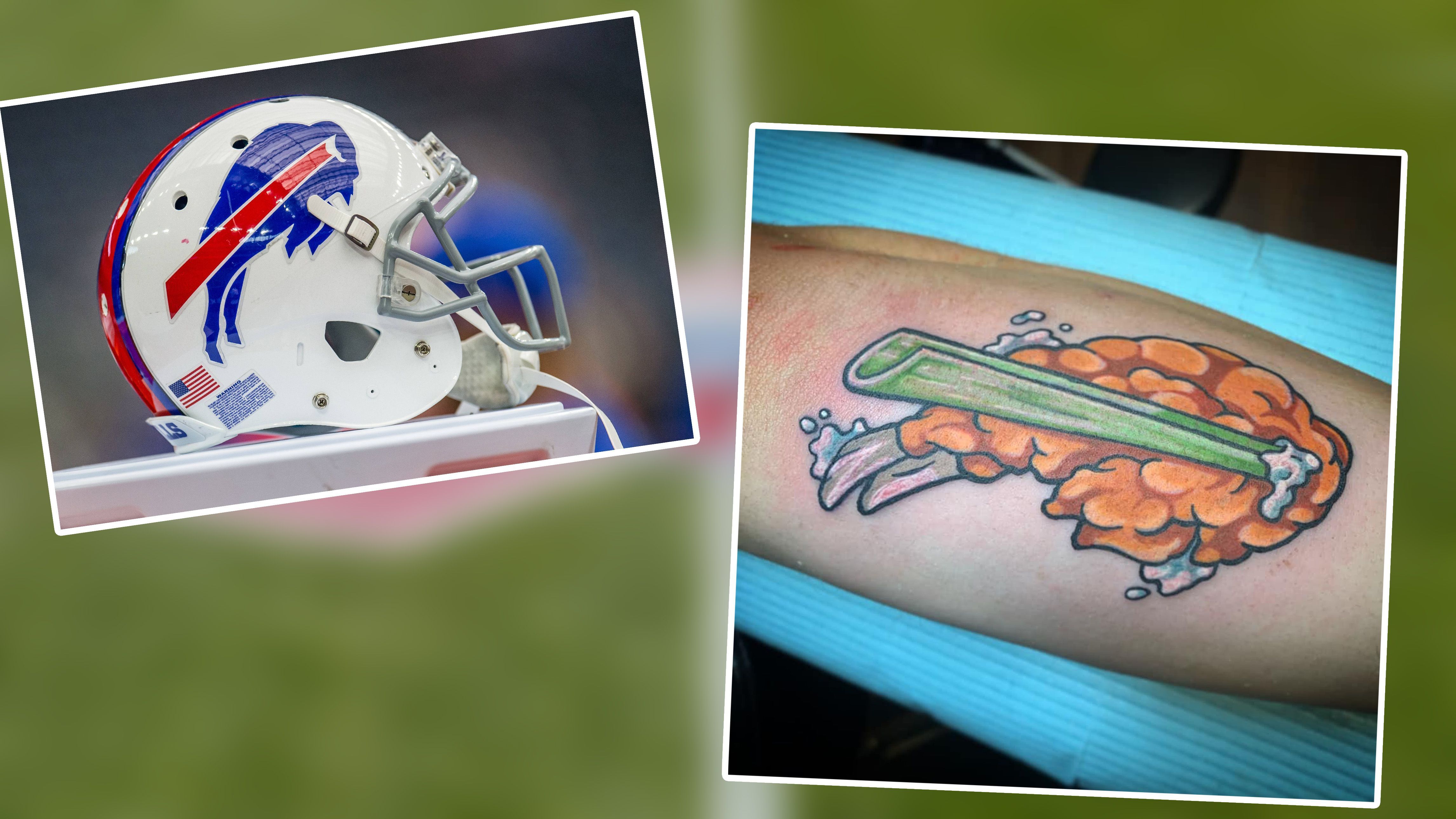 <strong>Bills-Fan lässt sich verrücktes Logo stechen<br></strong>Sich das normale Teamlogo tätowieren lassen? Zu langweilig! Das dachte sich wohl ein Fan der Buffalo Bills und ließ sich eine verrückte Abwandlung des Bills-Logo auf den Arm stechen. Tattoo-Künstler Scott Howard entwarf die neue Form bestehend aus einem Buffalo Chicken Wing, Sellerie und einem Klacks Blauschimmelkäse. Auf seiner Facebook-Seite fragte Howard, ob jemand bereit für ein Tattoo wäre. Kurze Zeit später bekam er eine Antwort und konnte seine Idee in die Tat umsetzen.
