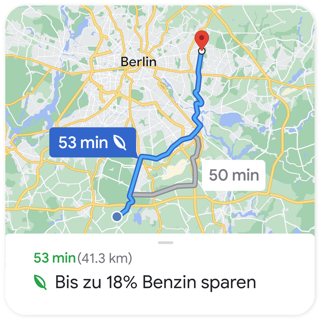 Auf Google Maps zeigt dir ein grünes Blatt an, mit welcher Route du mehr Sprit sparst.