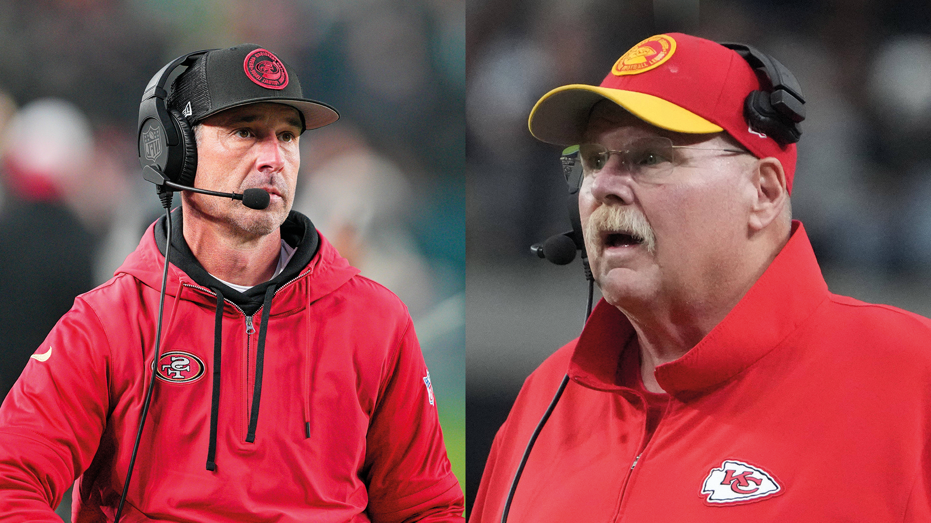 <strong>Kyle Shanahan gegen Andy Reid</strong><br>Zum zweiten Mal treffen sich Shanahan (l.) und Reid im Super Bowl. Beide gehören zu den besten Offensiv-Trainern. Der deutlich erfahrenere ist dabei der Chiefs-Coach, der sich in seiner 31. NFL-Coaching-Saison befindet. Dabei erreichte er vier Mal den Super Bowl und gewann zwei Mal. Der deutlich jüngere Shanahan coacht seit 15 Saisons in der NFL, stand einmal im Super Bowl und gewann noch nie.<br><br><strong>Punkt: Chiefs - 6,5:6,5</strong>