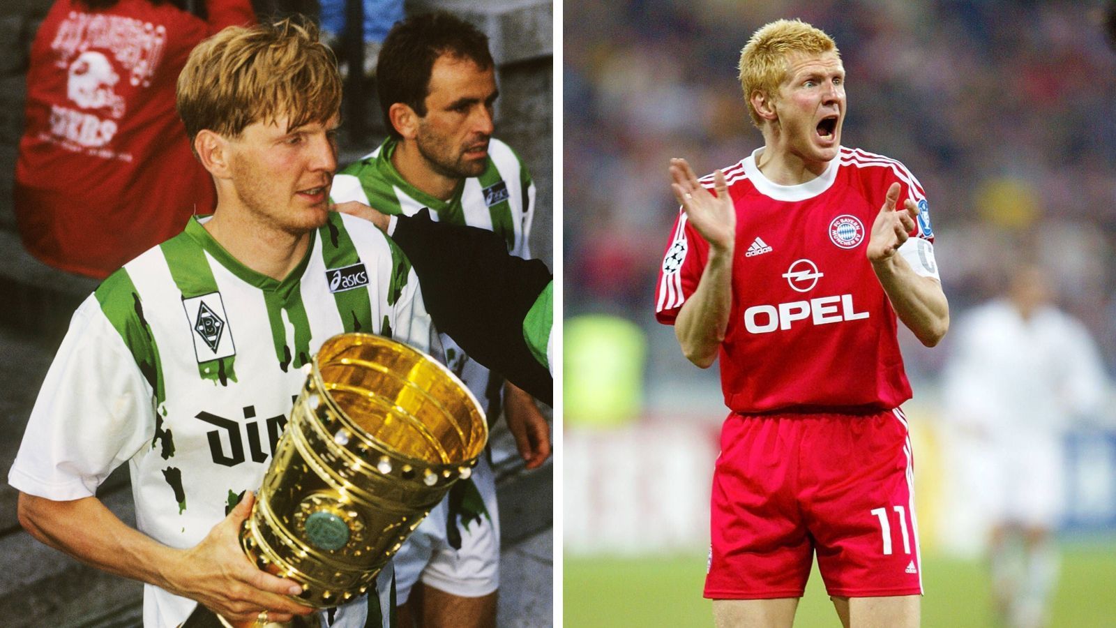 
                <strong>Stefan Effenberg, deutscher Nationalspieler</strong><br>
                Bundesliga-Spiele/-Tore: 191/33 für Gladbach, 160/35 für die Bayern. Seine Karriere startet er in Gladbach, geht 1990 zu den Bayern und kehrt über Florenz 1994 zur Borussia zurück, mit der er 1995 Pokalsieger wird, bis heute der letzte Titel für Gladbach. Nach der Last-Minute-Rettung 1998 geht es für ihn erneut zu den Bayern, mit denen er nach der bitteren Finalschlappe 1999 in der Nachspielzeit gegen Manchester United 2001 dann doch noch die Champions League holt.
              