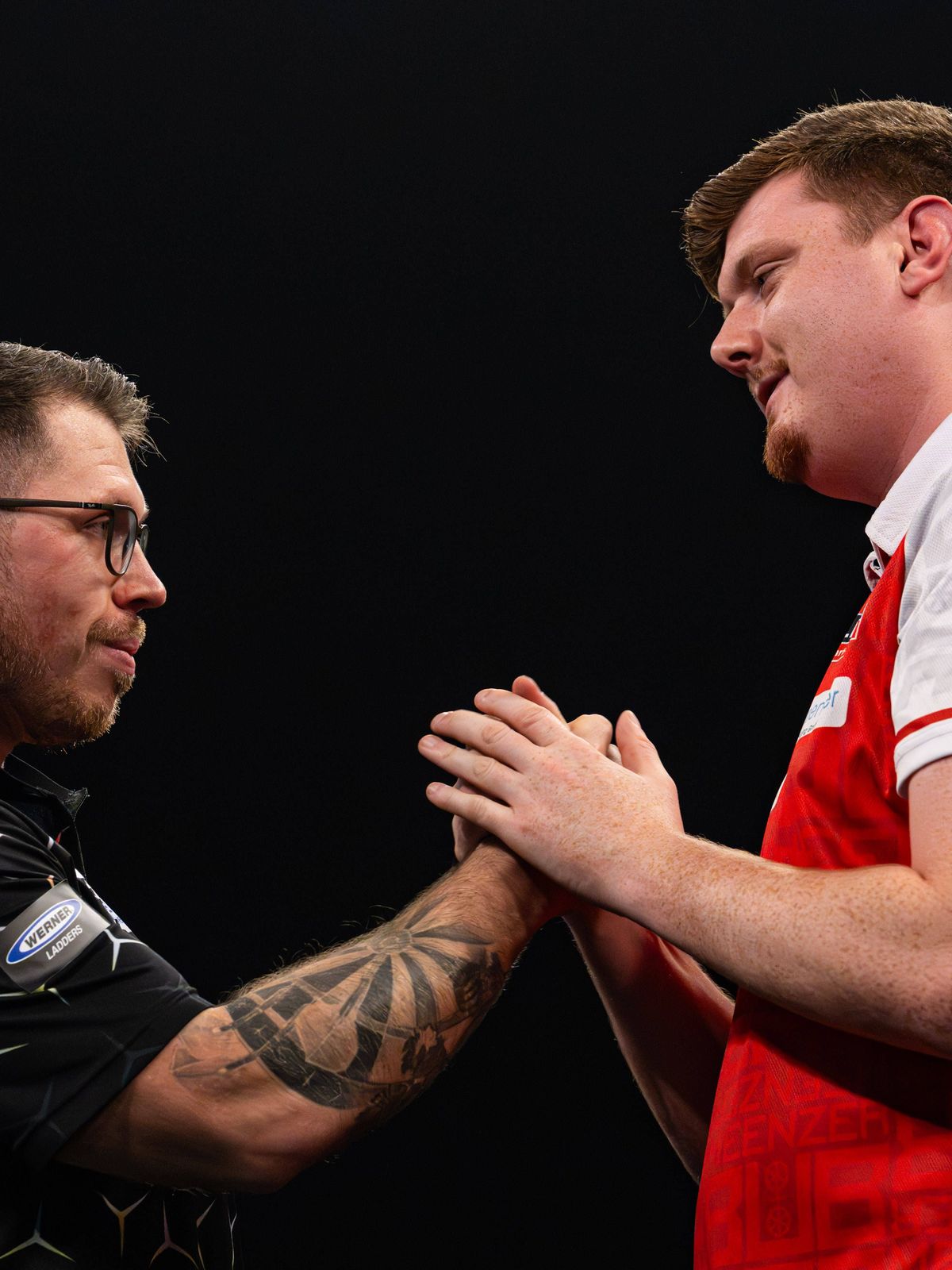 RECORD DATE NOT STATED 13th November 2025, WV Active Aldersley, Wolverhampton, Midlands, England; 2025 PDC Mr Vegas Grand Slam of Darts; Niko Springer congratulates Lukas Wenig on his victory in th...