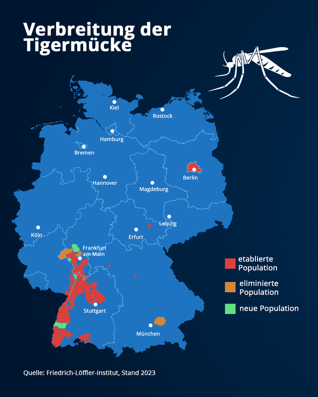 In diese Bereichen Deutschlands wurde die Tigermücke bis Ende 2023 gesichtet. Einige Populationen konnten eliminiert werden, andere kamen dagegen neu hinzu.