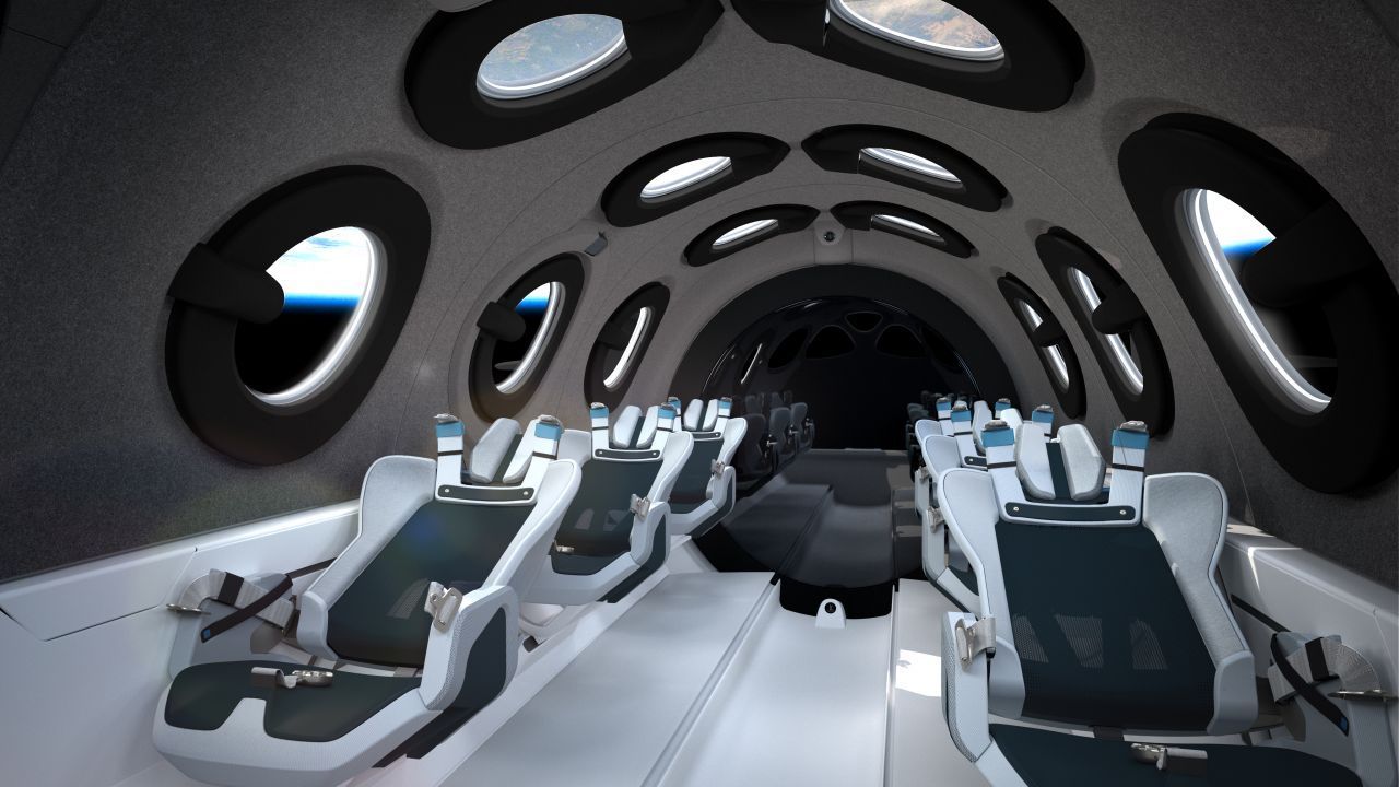 Mit Style in den Space: Virgin Galactic hat sich das Innere des Raumschiffs von der Design-Agentur Seymourpowell entwerfen lassen. Im Raumschiff haben sechs Passagiere Platz.