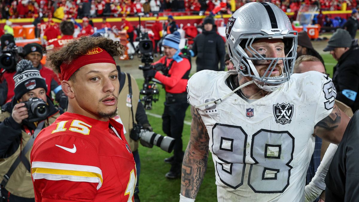 November 29, 2024: Kansas City Chiefs quarterback Patrick Mahomes (15) and Las Vegas Raiders defensive end Maxx Crosby (98) after a game at GEHA Field at Arrowhead Stadium in Kansas City, MO. CSM K...