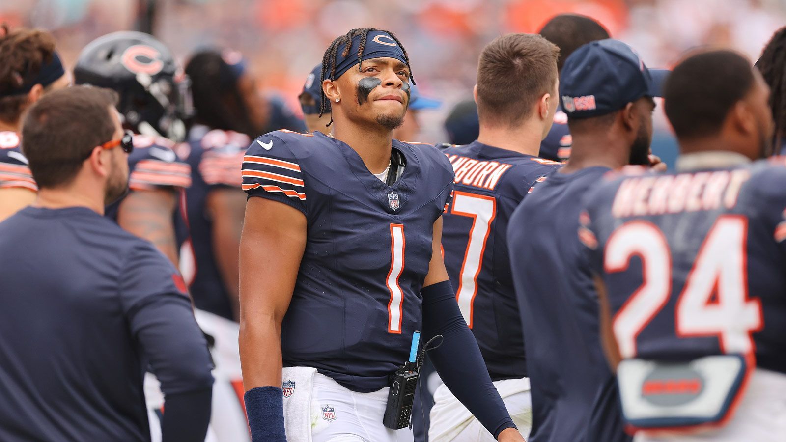 <strong>Chicago Bears</strong><br>WR DJ Moore<br>WR Chase Claypool<br>SR Darnell Mooney<br>LT Braxton Jones<br>LG Cody Whitehair<br>C Lucas Patrick<br>RG Nate Davis<br>RT Darnell Wright<br>TE Cole Kmet<br>QB Justin Fields<br>RB D'Onta Foreman<br>(FB Khari Blasingame)