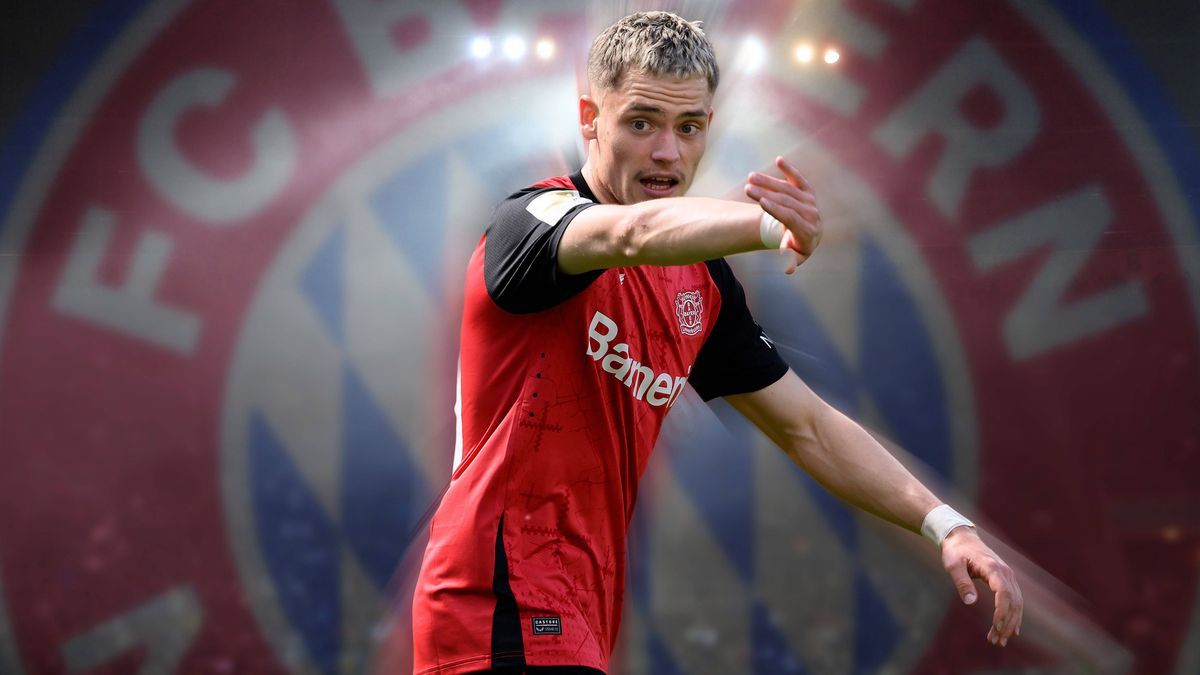 FOTOMONTAGE: Florian WIRTZ (LEV) will nur zum FC Bayern Muenchen. ARCHIVFOTO; Gestik, Fussball 1. Bundesliga, 31.Spieltag, Bayer 04 Leverkusen (LEV) - FC Augsburg (A), am 26.04.2025 in Leverkusen D...