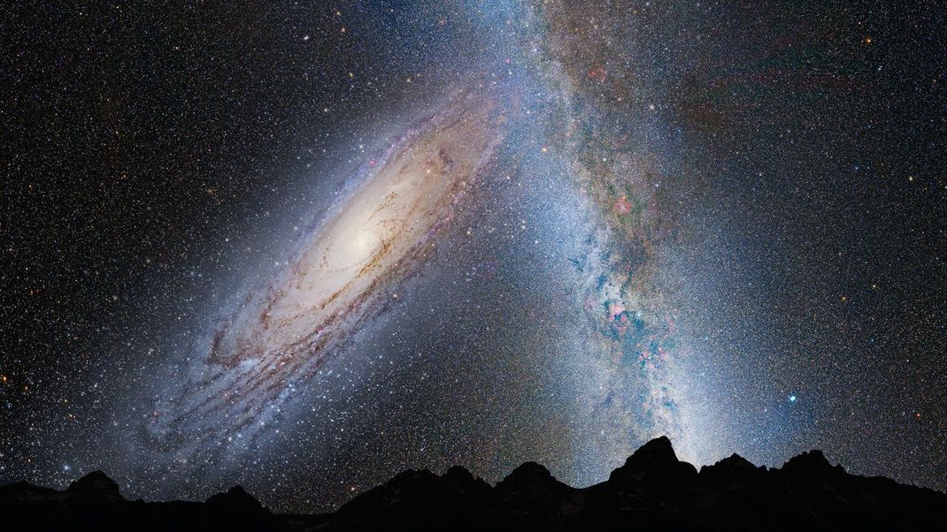 Auch unsere 2,5 Millionen Lichtjahre entfernte Nachbar-Galaxie Andromeda wird eines Tages mit der Milchstraße zusammenstoßen (hier im Bild illustriert). Beruhigend: Bis dahin dauert es noch fast 4 Milliarden Jahre. 