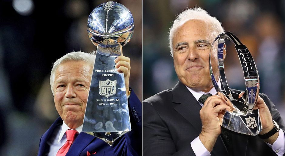 
                <strong>Fakt 3: Steinreiche Besitzer</strong><br>
                Um eine NFL-Franchise zu kaufen, sollte man ein wenig Geld auf der Seite haben. Das haben Robert Kraft (li.) und Jeffrey Lurie zu ihrem Glück. Tatsächlich haben die beiden Owner nicht nur wenig, sondern unfassbar viel Kohle auf ihrem Konto. Sowohl Patriots-Besitzer Kraft als auch Eagles-Pendant Lurie befinden sich auf der Forbes-Liste der 400 reichsten Menschen der Welt. Nach der letzten Zählung 2017 liegt Kraft mit einem Vermögen von etwa 6,3 Milliarden US-Dollar auf Rang 83, Lurie mit seinen lächerlichen zwei Milliarden US-Dollar dagegen nur auf Rang 388.
              