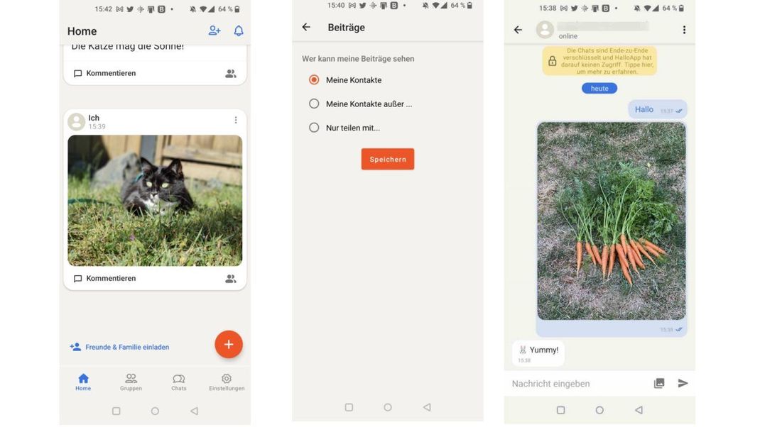 Der Feed (links), die Privatsphäre-Einstellungen (Mitte) und ein Einzelchat (rechts) in HalloApp.