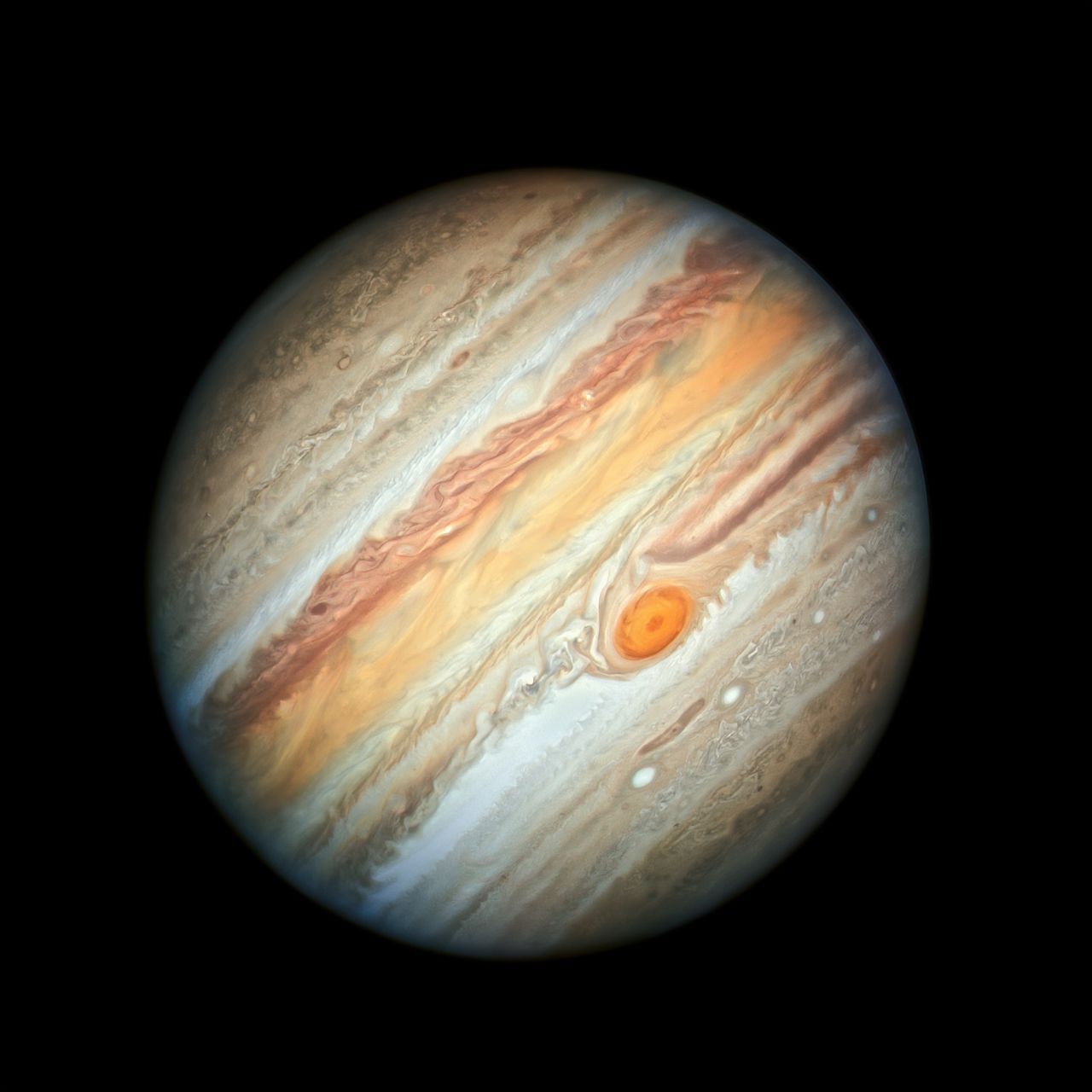Als am 27. Juni der Jupiter nur 644 Millionen Kilometer entfernt war, nutzte das Hubble seine Chance. Zu sehen ist die detailierteste Aufnahme, die wir bis jetzt von Jupiter haben. Der Planet ist vollkommen mit Wolken bedeckt. Der große Rote Punkt ist das Auge eines Sturms, der seit mindestens 360 Jahren auf dem Planeten wütet.