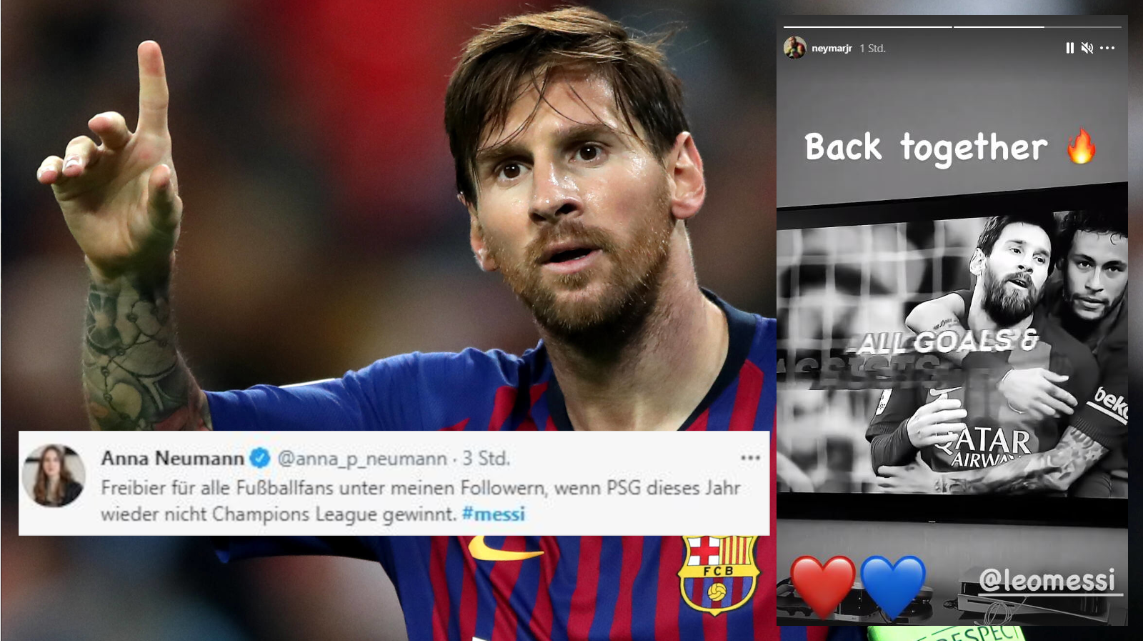 
                <strong>So reagiert das Internet auf das Messi-Beben</strong><br>
                Schon bevor der Wechsel ganz offiziell ist, feiert PSG-Star Neymar die Wiedervereinigung mit seinem ehemaligen und neuen Sturmpartner. Beide gewannen in Barcelona bereits etliche Titel - unter anderem die Champions League. Nun wollen sie diesen Erfolg auch mit Paris schaffen. Die Politikerin Anna Neumann verspricht schon jetzt Freibier, sollte PSG in diesem Jahr wieder nicht die Champions League gewinnen. Naja, genau genommen wird der Henkelpott ja erst wieder im kommenden Jahr vergeben - vielleicht ein kleines Hintertürchen, um das Freibier zu sparen.
              