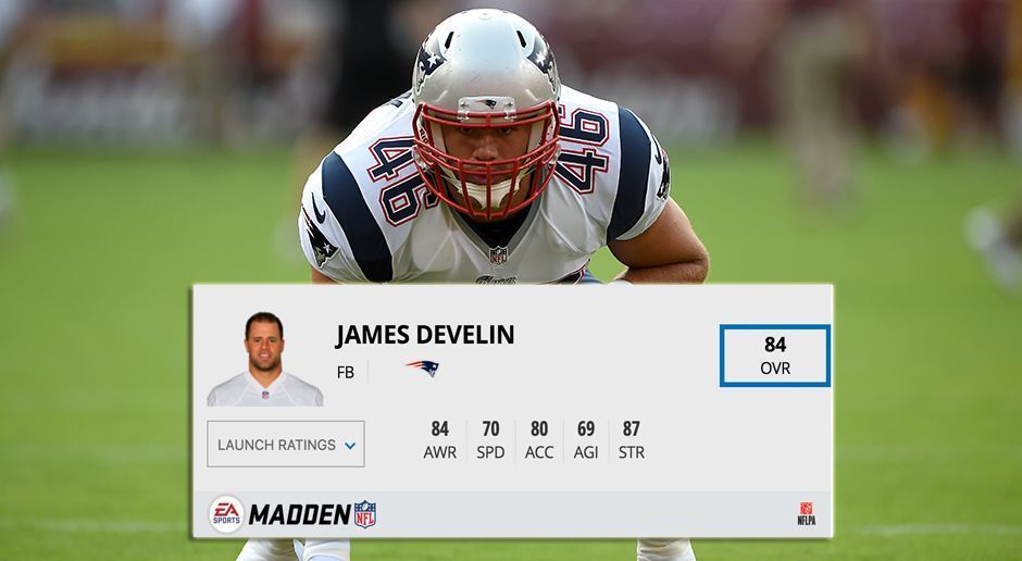 
                <strong>Platz 2: James Develin (New England Patriots)</strong><br>
                Gesamtwertung: 84Awareness: 84Speed: 70Acceleration: 80Agility: 69Strength: 87
              