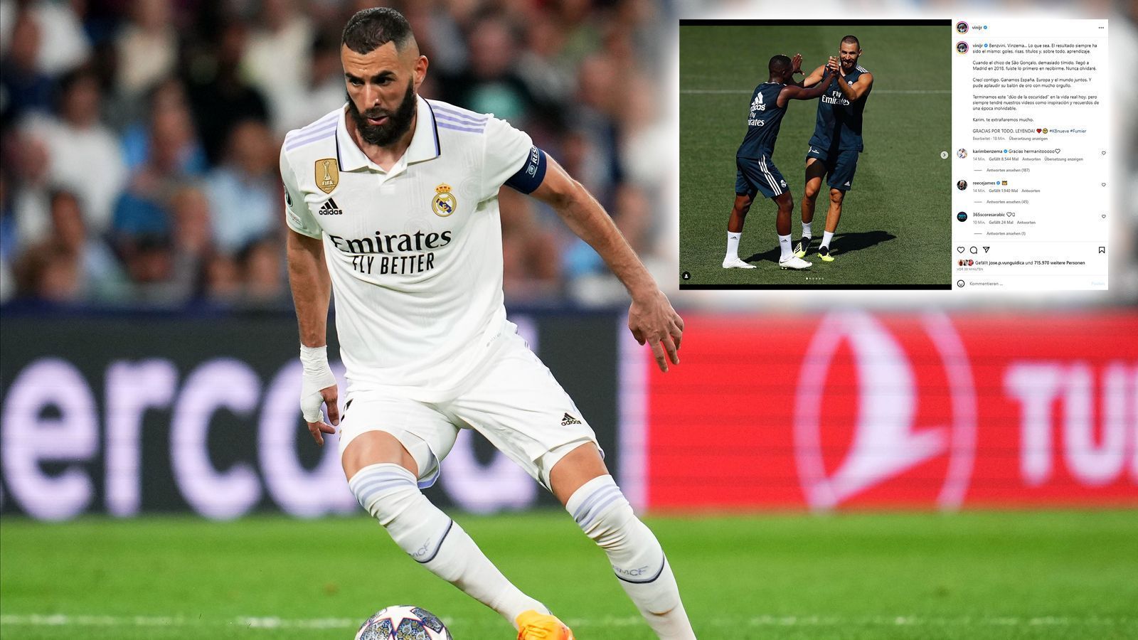 
                <strong>Netzreaktionen zu Karim Benzemas Real-Abschied</strong><br>
                Seine bisherigen Mannschaftskollegen bei Real Madrid reagierten ebenfalls umgehend auf die Meldung des Benzema-Abschieds. So richtete etwa Vinicius jr. via Instagram persönliche Worte an den Franzosen. "Als ich 2018 als schüchterner Junge aus Sao Goncalo in Madrid ankam, warst du der Erste, der mich empfing. Ich werde das nie vergessen", schrieb der Brasilianer. 
              