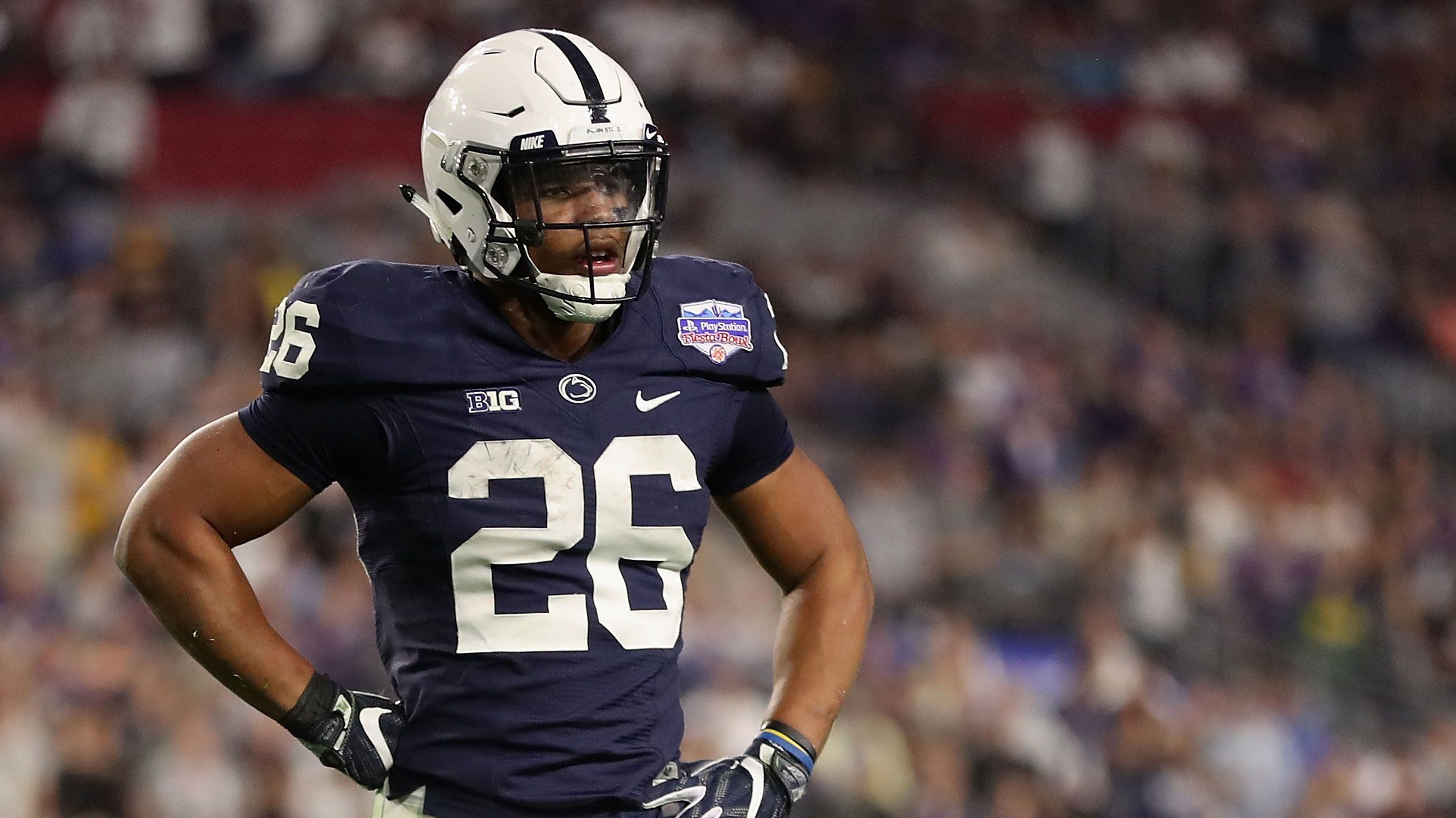 <strong>Platz 7: Pennsylvania State University</strong><br>
                Teamname: Penn State Nittany Lions<br>NFL-Spieler: 408<br>Zur Zeit aktive NFL-Spieler: 48<br>Bekannteste Namen: Saquon Barkley (Bild), Mike Munchak, Carl Nassib
