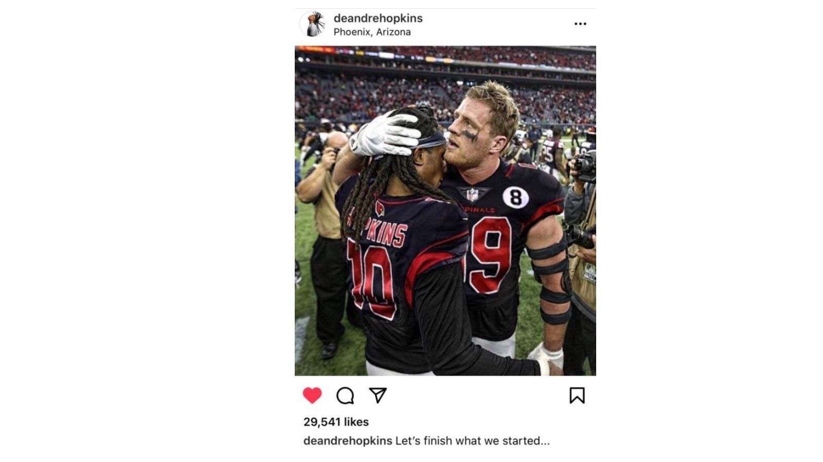 
                <strong>Die Netzreaktionen zum Watt-Hammer</strong><br>
                Bei den Cardinals wird Watt auf DeAndre Hopkins treffen, mit dem er bei den Texans bis zum vergangenen Sommer zusammenspielte. "Lass uns das beenden, was wir gestartet haben", begrüßte Hopkins den Neuzugang via Instagram.
              