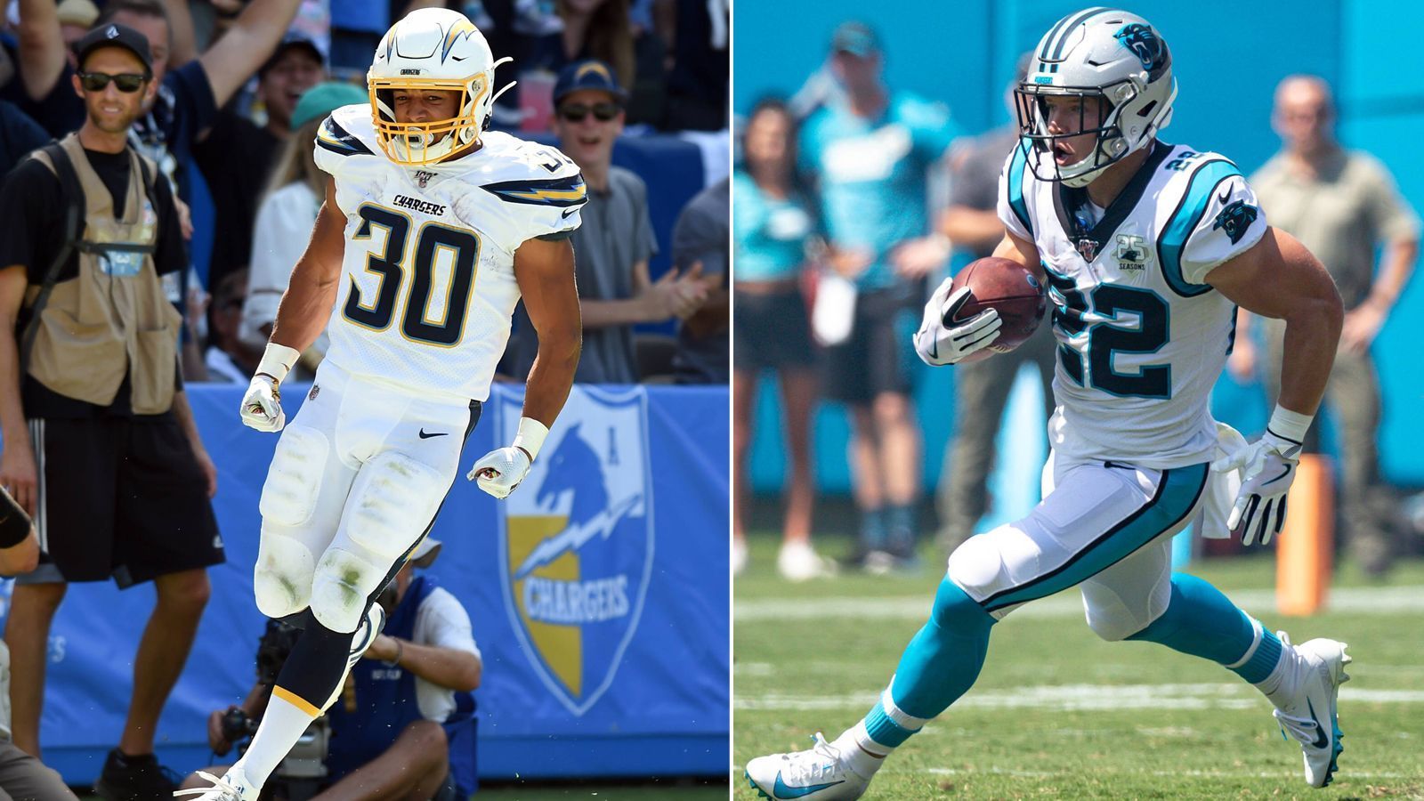 
                <strong>Running Back: Austin Ekeler und Christian McCaffrey</strong><br>
                Bei den Running Backs führen Christian McCaffrey von den Carolina Panthers (128 Rushing Yards, 81 Receiving Yards, zwei Rushing Touchdowns) und Austin Ekeler von den Los Angeles Chargers (58 Rushing Yards, 96 Receiving Yards, ein Rushing Touchdown, zwei Receiving Touchdowns) die Wertung punktgleich an.Gesamtpunktzahl: 32
              