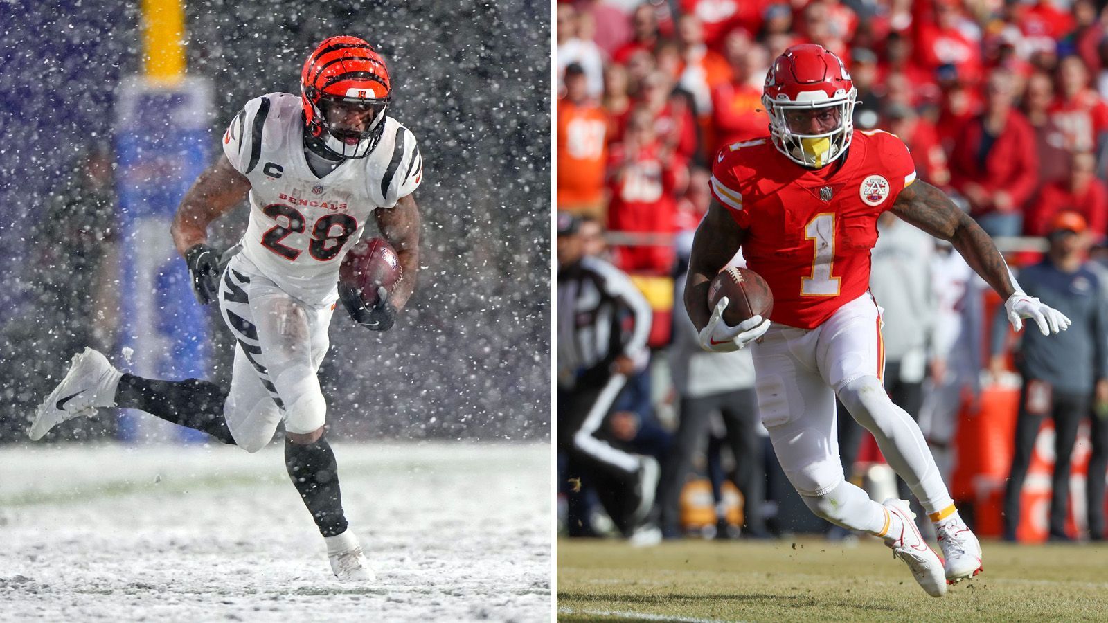 
                <strong>Running Backs</strong><br>
                Isiah Pacheco entwickelte sich während der Saison vom Rookie zur wohl wichtigsten Offensivkraft neben Mahomes und Travis Kelce für Kansas City. Der 23-Jährige hat sich zu einem dominanten Ballträger entwickelt und dürfte perspektivisch auch Clyde Edwards-Helaire endgültig den Rang ablaufen - besonders, weil dieser seit einigen Monaten verletzt fehlt, womöglich aber zum Super Bowl zurückkehren könnte. Gegen die Jacksonville Jaguars erlief der Pacheco bärenstarke 7,9 Yards pro Carry für insgesamt 95 Rushing Yards und das bei lediglich 12 Läufen. In Woche 13 erzielte er gegen die Bengals im Schnitt 4,6 Yards pro Carry bei insgesamt 66 Rushing Yards. In Anbetracht der Mahomes-Verletzung wird ein starkes Laufspiel zur Entlastung essentiell für die Chiefs-Offense sein. Bei den Bengals machte Joe Mixon als Schlüsselspieler in der Vorwoche ein starkes Spiel gegen die Buffalo Bills mit 20 Rushes für 105 Yards und einen Touchdown. Man muss aber auch sagen, dass die Laufverteidigung der Bills massive Probleme hatte. Auf das gesamte Jahr gesehen war es erst das zweite Spiel mit dreistelligen Rushing Yards für Mixon. 1:1, Ausgleich durch die Chiefs
              