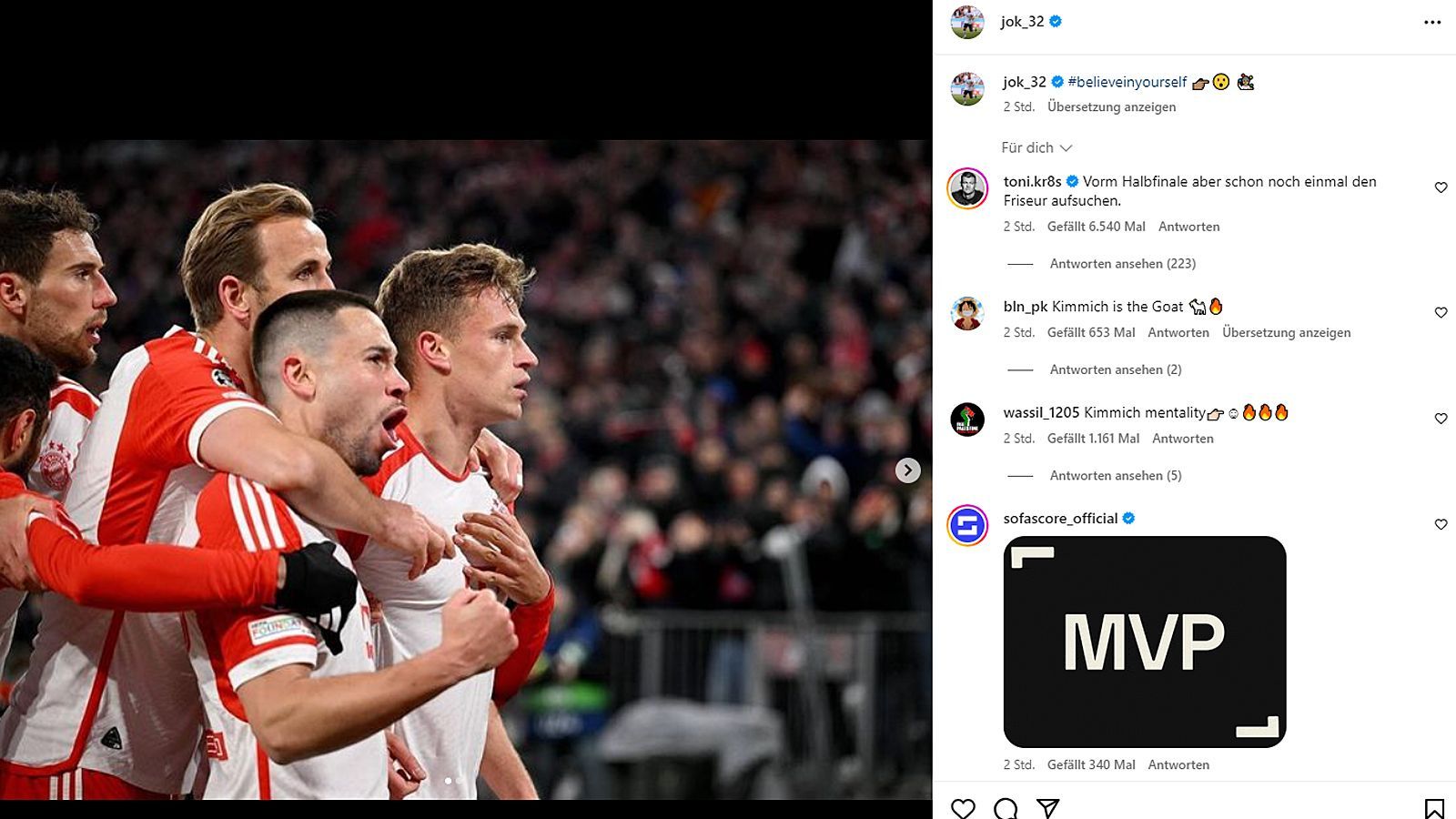 <strong>Kimmich noch zum Friseur vor dem Halbfinale gegen Real?</strong><br>... Real-Star Toni Kroos zu einem Bild, das Kimmich postete. Der Bayern-Profi versah das Jubelbild der Stars des Rekordmeisters nach seinem Arsenal-Tor mit dem Hashtag #believeinyourself. Während Real Madrid auch in Spanien auf dem Weg zum Meistertitel ist, haben die Bayern nur noch in der Königsklasse eine Titelchance in der Saison 2023/24.