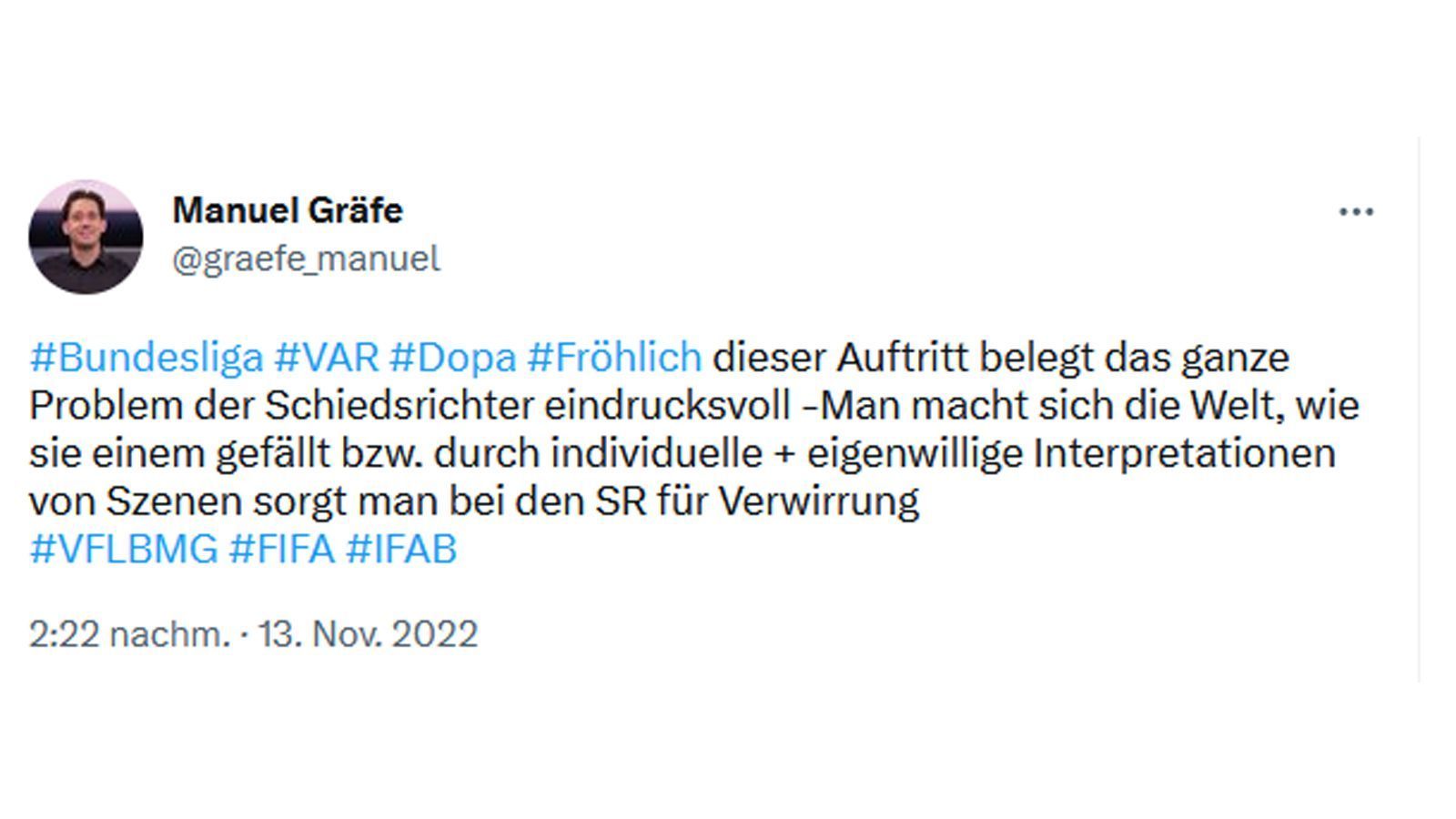 
                <strong>Gräfe kritisiert Fröhlichs Doppelpass-Auftritt</strong><br>
                Als Lutz Michael Fröhlich im November 2022 in der "Sport1"-Talkrunde "Doppelpass" zu Gast war, hatte Gräfe ebenfalls eine klare Meinung zum Auftritt des DFB-Schiedsrichter-Chefs.
              