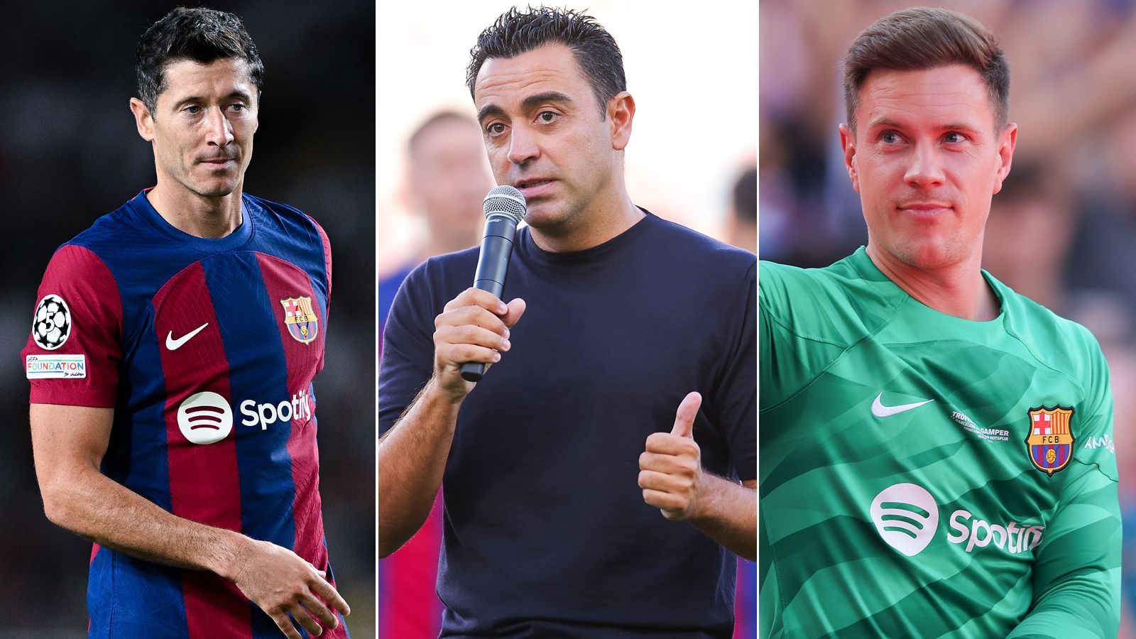 <strong>FC Barcelona: Die Vertragssituation der katalanischen Stars</strong><br>Meistertrainer Xavi (Mi.) bleibt dem FC Barcelona erhalten. Die Vereinsikone hat den Vertrag vorzeitig um ein Jahr bis 2025 verlängert. <em><strong>ran</strong></em> zeigt, wie die Vertragssituation bei den anderen großen Namen Barcas derzeit aussieht.&nbsp;(Stand: 22. September 2023).