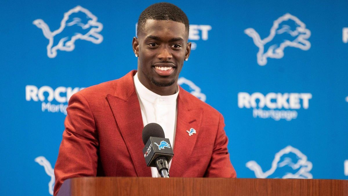 Syndication: Detroit Free Press Lions first-round NFL, American Football Herren, USA draft pick Terrion Arnold speaks at the introductory press conference, PK, Pressekonferenz at Detroit Lions head...