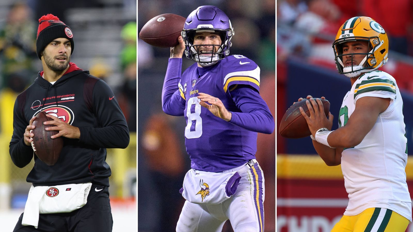 
                <strong>Potenzielle Kandidaten für die Wentz-Nachfolge bei den Colts</strong><br>
                Sowohl Jimmy Garoppolo (links) als auch Kirk Cousins (Mitte) und Jordan Love (rechts) sind potenzielle Kandidaten für die Nachfolge von Carson Wentz bei den Indianapolis Colts. Denn nach dessen Trade zu den Washington Commanders haben die Colts keinen Quarterback im Kader, der als Starter in Frage kommt. ran stellt euch Spielmacher vor, die für Indianapolis interessant sein könnten.
              