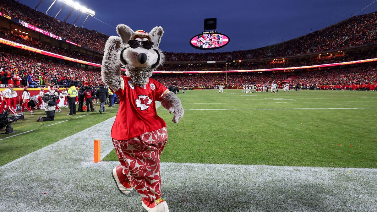 January 18, 2025: Kansas City Chiefs Mascot KC Wolf poses for a photo during an NFL, American Football Herren, USA AFC Divisional game against the Houston Texans at GEHA Field at Arrowhead Stadium ...