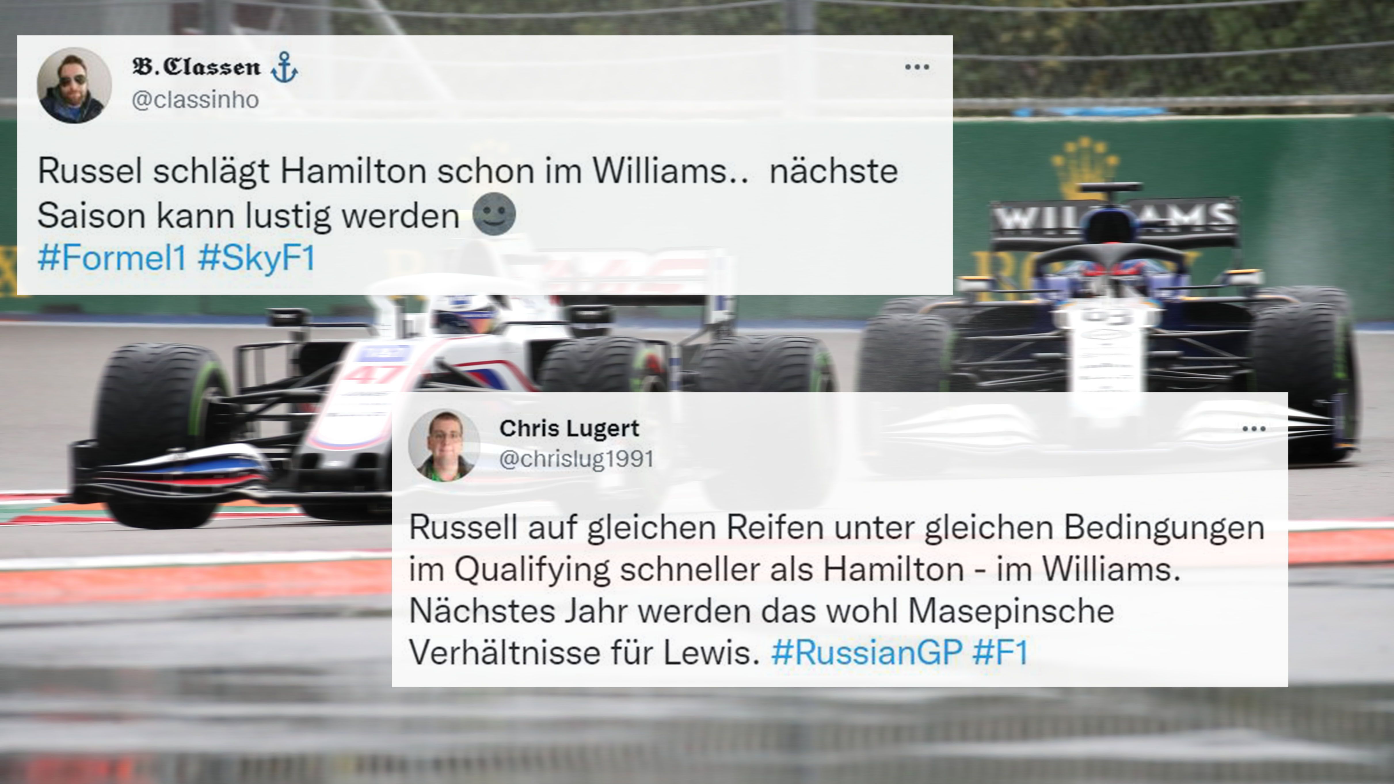 
                <strong>Und zittert schon vor George Russell</strong><br>
                Sein kommender Teamkollege zeigt derweil eine weitere Sensations-Leistung. Im unterlegenen Williams fährt George Russell auf Platz drei vor. Hamilton dürfte beim Blick auf das nächste Jahr schon ein wenig zittern. 
              