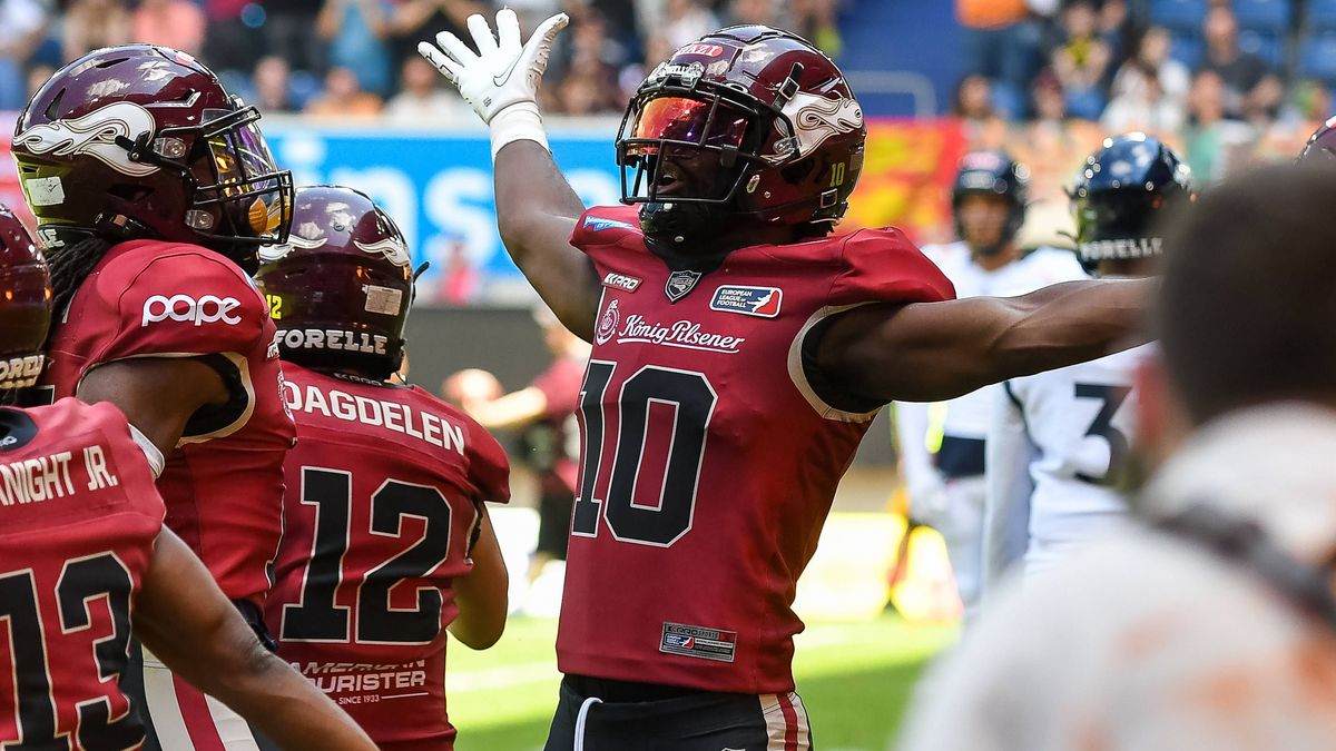 Harlan Kwofie (Rhein Fire 10), Touchdown, Rhein Fire vs. Paris Musketeers, American Football, European League of Football, Spieltag 10, Saison 2024, 28.07.2024, Rhein Fire vs. Paris Musketeers, Ame...