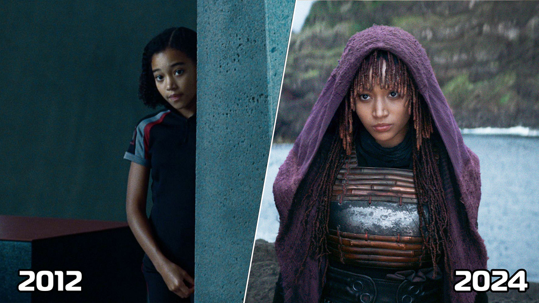 Amandla Stenberg spielte in "Tribute von Panem" die Rolle der Rue (l.), heute hat sie die Hauptrolle der "Star Wars"-Serie "The Acolyte" (r.).