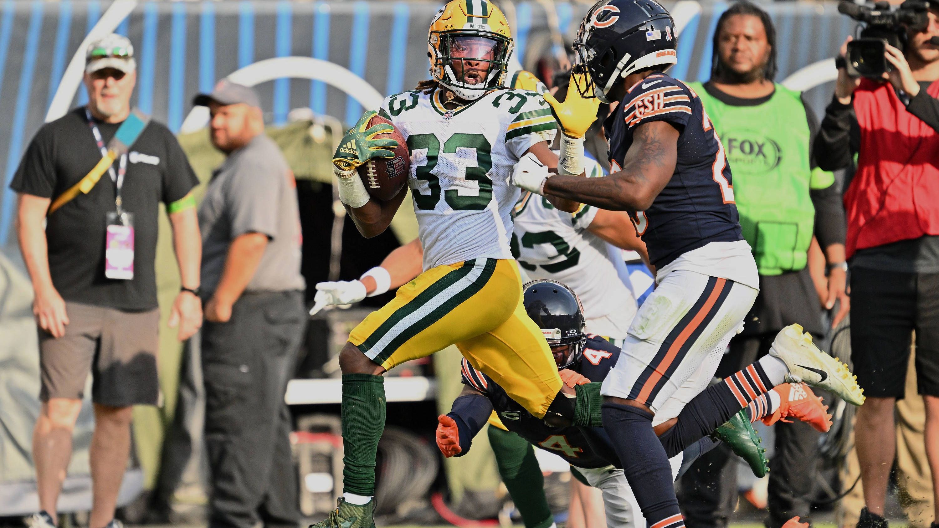 <strong>Platz 10: Aaron Jones (Green Bay Packers, RB) mit 34,57 km/h</strong><br>Week 1 gegen die Chicago Bears bei einem 35-Yards-Receiving-Touchdown (4th &amp; 3 an der gegnerischen 35-Yards-Markierung)