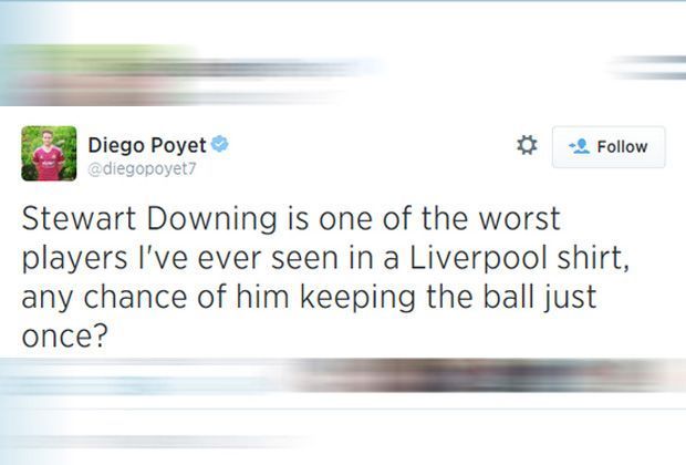 
                <strong>Twitter-Panne von Diego Poyet</strong><br>
                "Stewart Downing ist einer der schlechtesten Spieler, die ich je im Liverpool-Dress gesehen hab", schrieb der damals 16-Jährige per Twitter - und damit nicht genug.
              