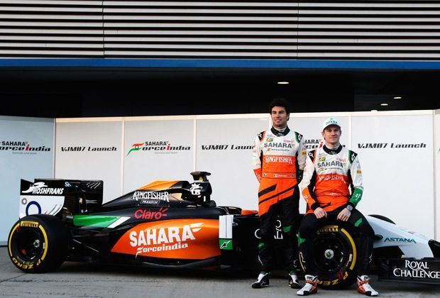 
                <strong>Force India VJM07</strong><br>
                Als erstes Team stellte Force India ihr neues Auto Ende Januar 2014 vor. Niko Hülkenberg (r.) und Sergio Perez (l.) können sich über ihren neuen Boliden freuen.
              