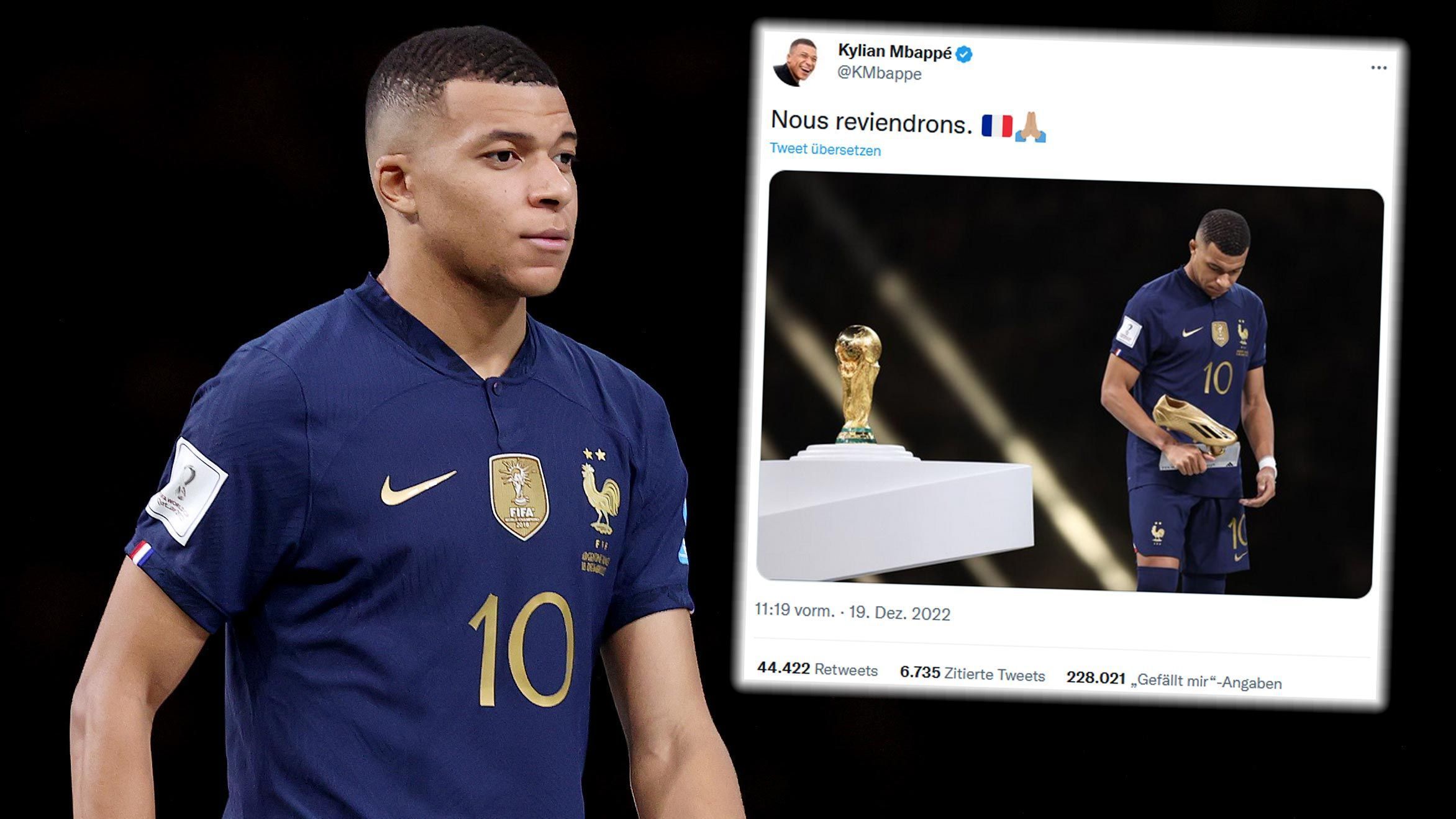 
                <strong>Kylian Mbappe meldet sich nach verlorenem WM-Finale zu Wort</strong><br>
                Frankreichs Superstar Kylian Mbappe hat sich nach dem verlorenen Weltmeisterschafts-Finale gegen Argentinien in den sozialen Medien zu Wort gemeldet. Auf Instagram und Twitter schrieb der Torschützenkönig der WM: "Nous reviendrons" übersetzt "Wir werden zurückkommen". Mbappe verpasste mit Frankreich nach der 2:4-Niederlage (3:3 nach Verlängerung) die Titelverteidigung der WM. 2026 will der 23-Jährige dann wieder angreifen.
              