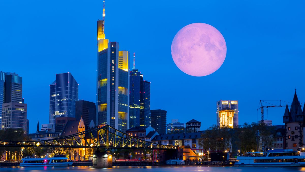 Skyline von Frankfurt mit Supermond