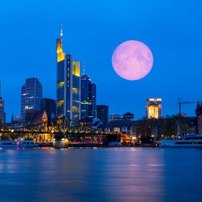 Skyline von Frankfurt mit Supermond