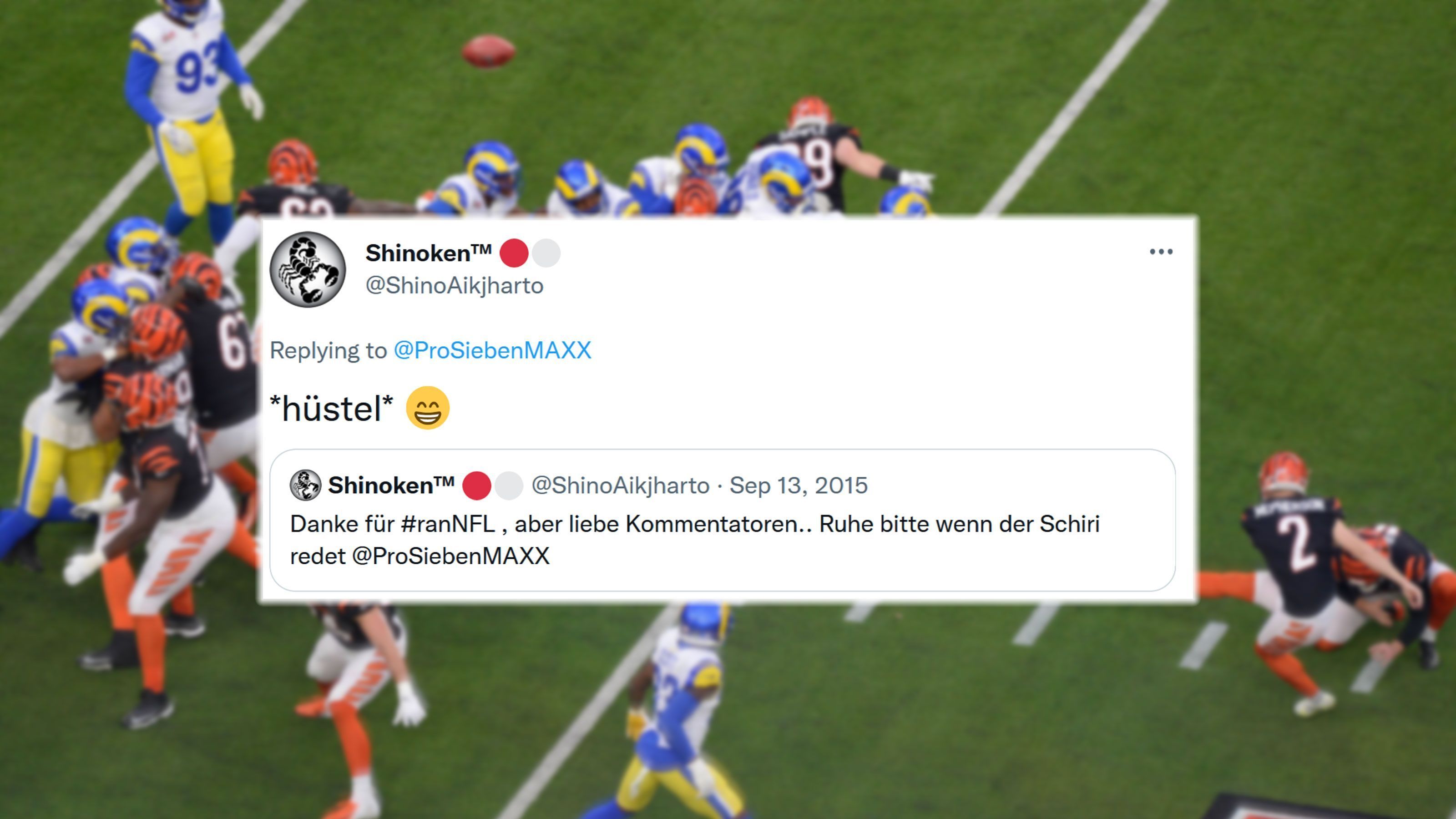 
                <strong>Wenn der Schiri redet...</strong><br>
                Auch "Shinoken" packte einen Tweet von 2015 aus und hatte dazu gar nicht so viel zu sagen... Damals bedankte er sich bei #ranNFL, mahnte aber unsere Kommentatoren, dass sie doch ruhig sein sollen, wenn der Schiedsrichter im Spiel redet. Welcher unserer Jungs sich da wohl angesprochen fühlt?
              