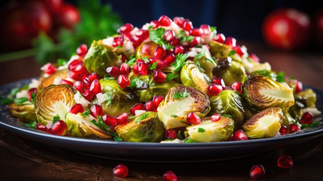 Herzhaft und frisch: Rosenkohl mit Granatapfelkernen, die perfekte Kombination.