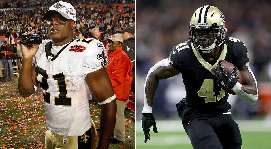 
                <strong>Running Backs</strong><br>
                2009: Mike Bell (links) 2017: Alvin Kamara (rechts)Mike Bell war 2009 mit seinen fünf Touchdowns eine der großen Stützen im Saints-Laufspiel. Rookie Kamara hat schon einen Rushing-Touchdown (5) mehr, sowie sieben Receiving-Touchdowns. Er steht bei insgesamt 652-Rushing-Yards und 684 Receiving-Yards.
              