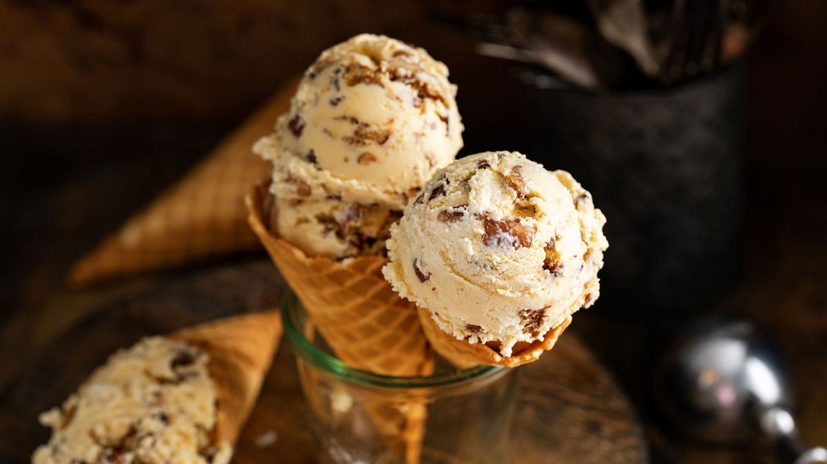 Butter pecan ice cream in waffle cones