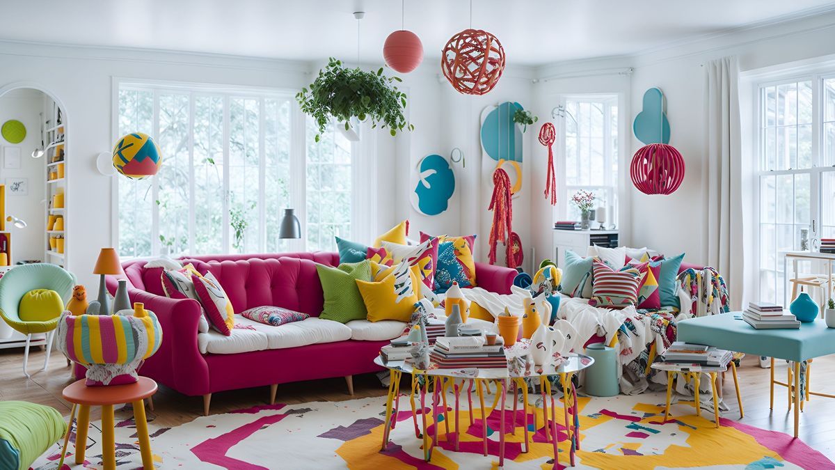 Photo of a vibrant and colorful living room with a modern design