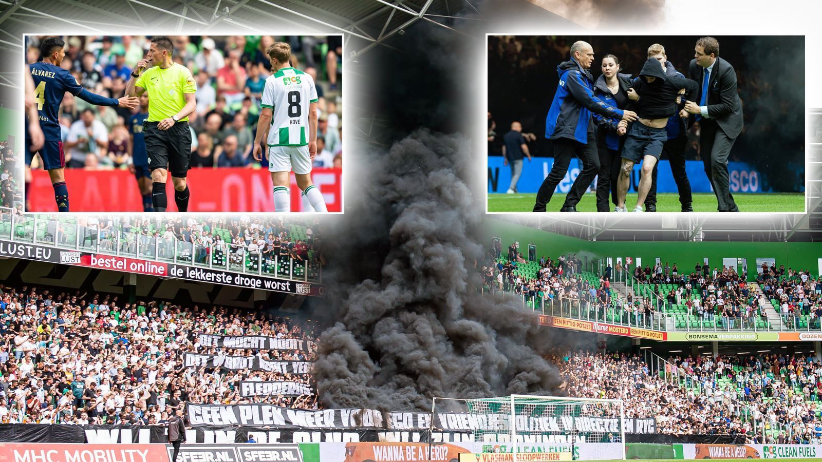 
                <strong>FC Groningen: Spielabbruch nach Ausschreitungen gegen Ajax Amsterdam</strong><br>
                Im ersten Heimspiel nach dem feststehenden Abstieg des FC Groningen aus der Eredivisie kam es im Duell mit Ajax Amsterdam zu Ausschreitungen der Fans und letztlich sogar zu einem Spielabbruch. ran zeigt die Bilder des Nachmittags der Schande.
              