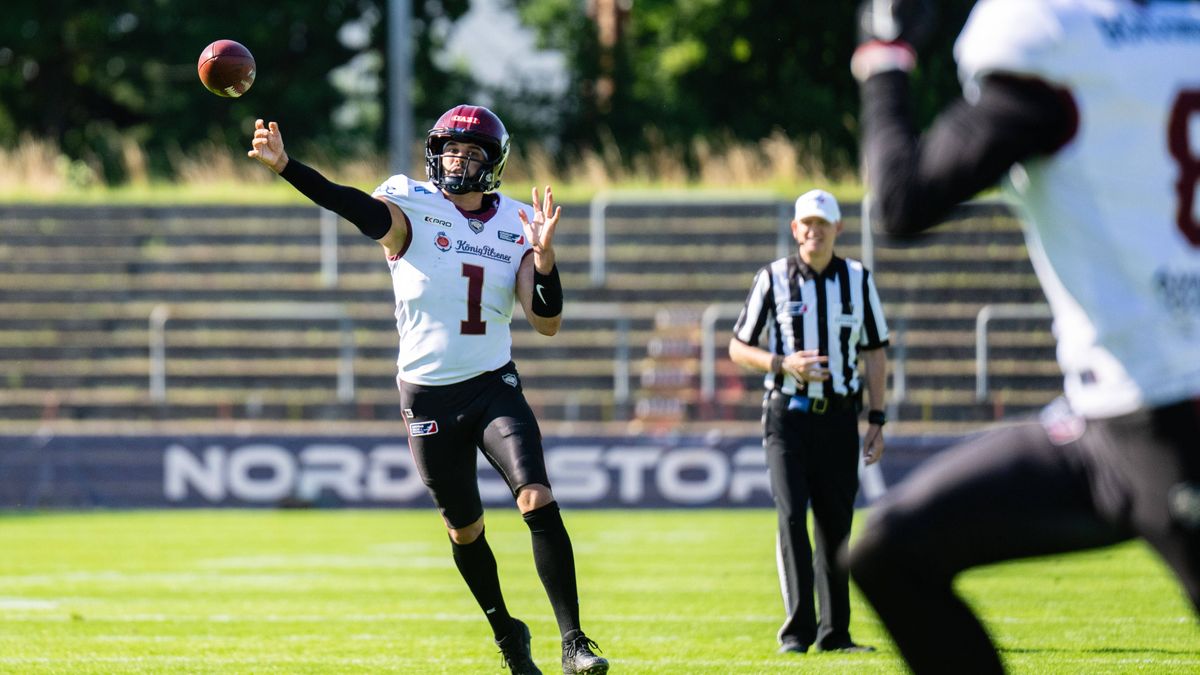 Nordic Storm v Rhein Fire, European League of Football, Gladsaxe, Denmark Gladsaxe, Denmark. 13th, July 2025. Chad Jeffries (1) of Rhein Fire seen during the EFL match between Nordic Storm and Rhei...