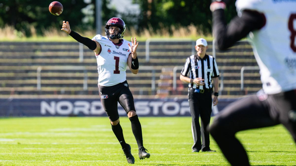 Nordic Storm v Rhein Fire, European League of Football, Gladsaxe, Denmark Gladsaxe, Denmark. 13th, July 2025. Chad Jeffries (1) of Rhein Fire seen during the EFL match between Nordic Storm and Rhei...