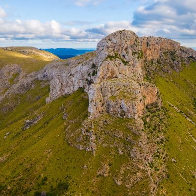 Colonia de Sant Pere & Mountains from Drone Mallorca, Spain