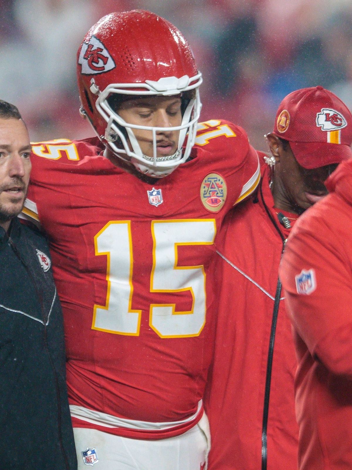 KANSAS CITY, MO - NOVEMBER 04: Kansas City Chiefs quarterback Patrick Mahomes (15) is helped off the field after being hurt on a play against the Tampa Bay Buccaneers on November 4th, 2024 at GEHA ...