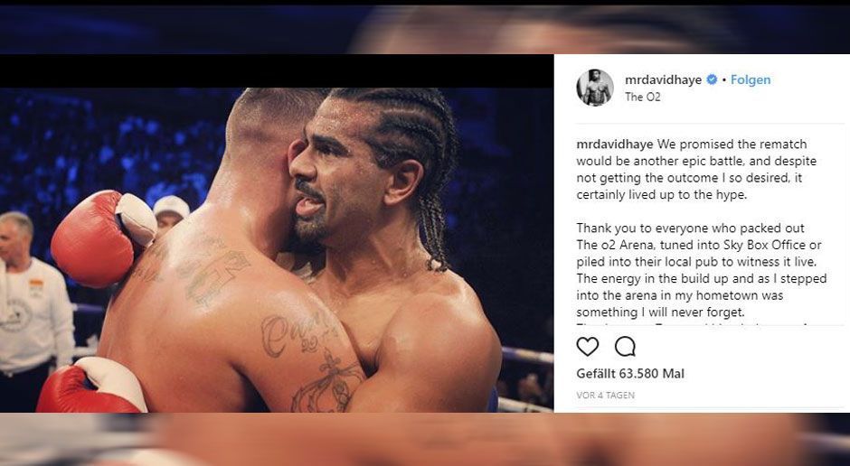 
                <strong>Haye dankt Bellew für "gemeinsamen Tanz"</strong><br>
                Den krachenden Knockout gegen Tony Bellew scheint Ex-Weltmeister David Haye bereits ganz gut verdaut zu haben. Auf Instagram bedankte sich der "Hayemaker" bei seinem Rivalen für den gemeinsamen Tanz. "Tony, du bist ein brillianter Tanzpartner, der es so vielen Zweiflern bewiesen hat. Du warst zweifelsohne der verdiente Sieger. Deine Familie und Freunde sollten unglaublich stolz auf ihren Bomber sein. Ich gratuliere dir, Champ." Ob Haye nach der zweiten Pleite in Folge in Box-Rente geht, ließ er allerdings noch offen.
              