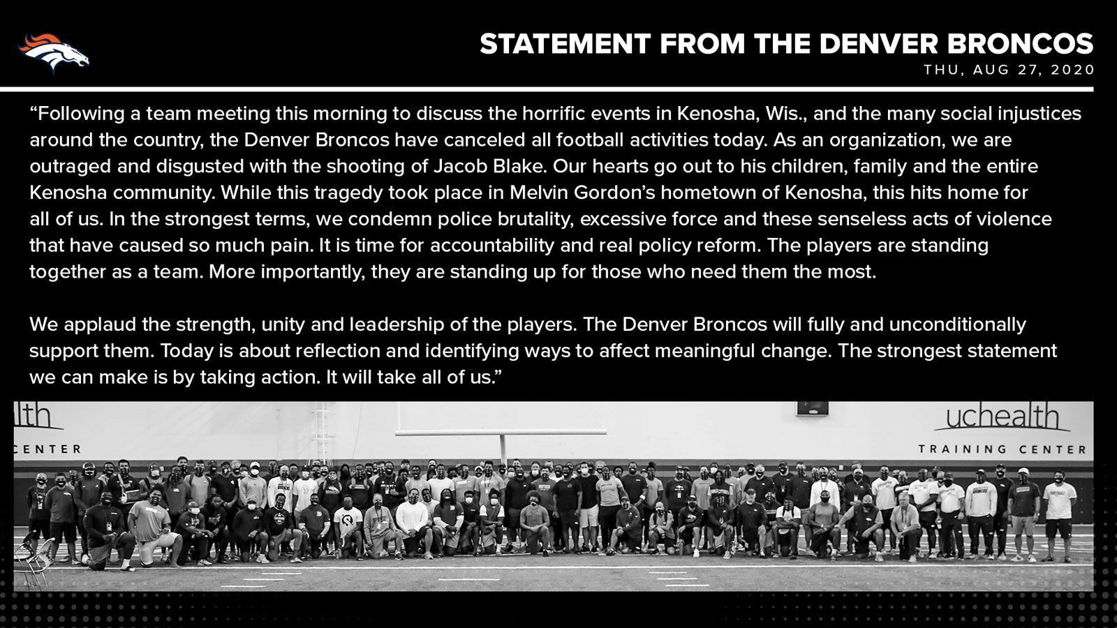 
                <strong>Denver Broncos</strong><br>
                Die Nachrichten aus der Heimatstadt von Running Back Melvin Gordon bewegten auch die Denver Broncos zu einem klaren Statement gegen Rassismus. "Wir verurteilen Polizeigewalt, exzessive Machtausübung und diese sinnlosen Gewaltakte mit unseren stärksten Worten", erklärte die Franchise. "Das stärkste Zeichen, das wir setzen können, ist zu handeln. Dafür wird es uns alle benötigen."
              