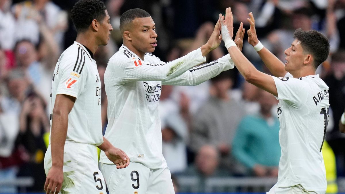 Real Madrid v RC Celta. La Liga EA Sports match. Date 34 Kylian Mbappe, Arda Guler and Jude Bellingham of Real Madrid CF during the La Liga EA Sports match between Real Madrid v RC Celta played at ...