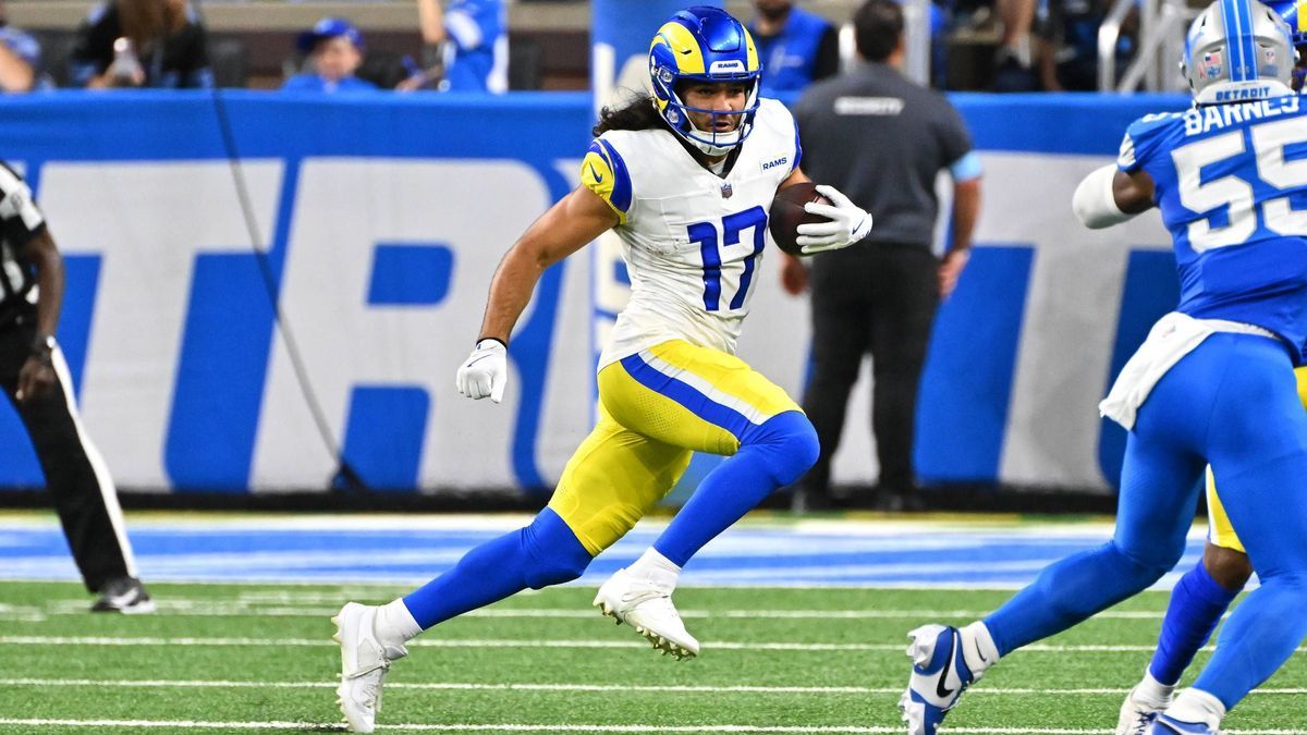 DETROIT, MI - SEPTEMBER 08: Los Angeles Rams wide receiver Puka Nacua (17) takes a hand off and runs wide for a gain during the Detroit Lions versus the Los Angeles Rams game on Sunday September 8,...